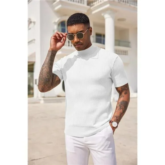 Men's Mock Turtleneck Sweater Short Sleeve White